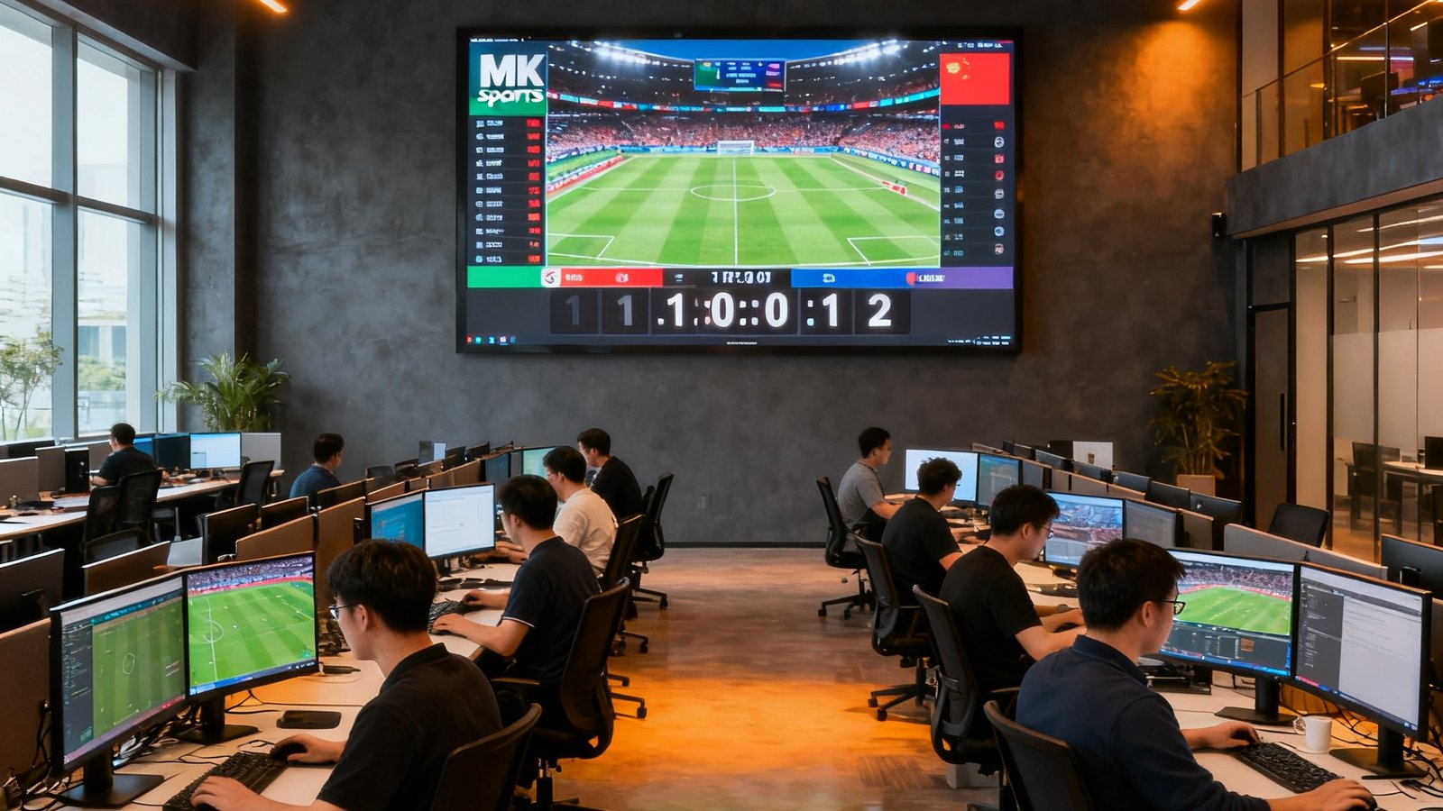 MK体育深圳研发中心的开放办公区，数十位工程师在双显示器前专注工作，正面墙壁上悬挂着大型赛事倒计时屏幕，室内采用暖色灯光与深灰工业风装修