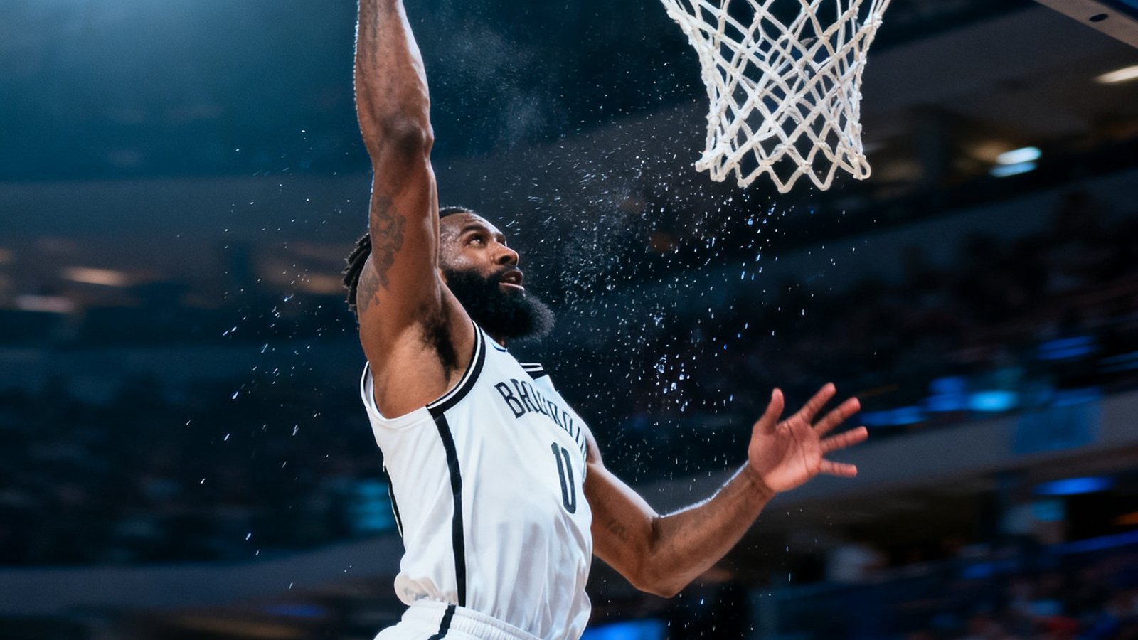 NBA赛场上一记势大力沉的单手劈扣，篮球即将穿过篮网，防守球员仰头望球兴叹