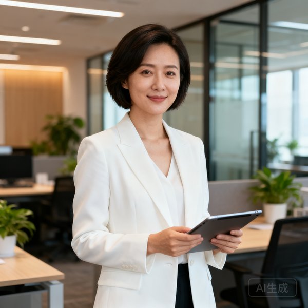 运营总监王思涵的半身肖像照，30岁出头女性，短发干练，穿着白色西装外套，手持平板电脑站在开放式办公室中